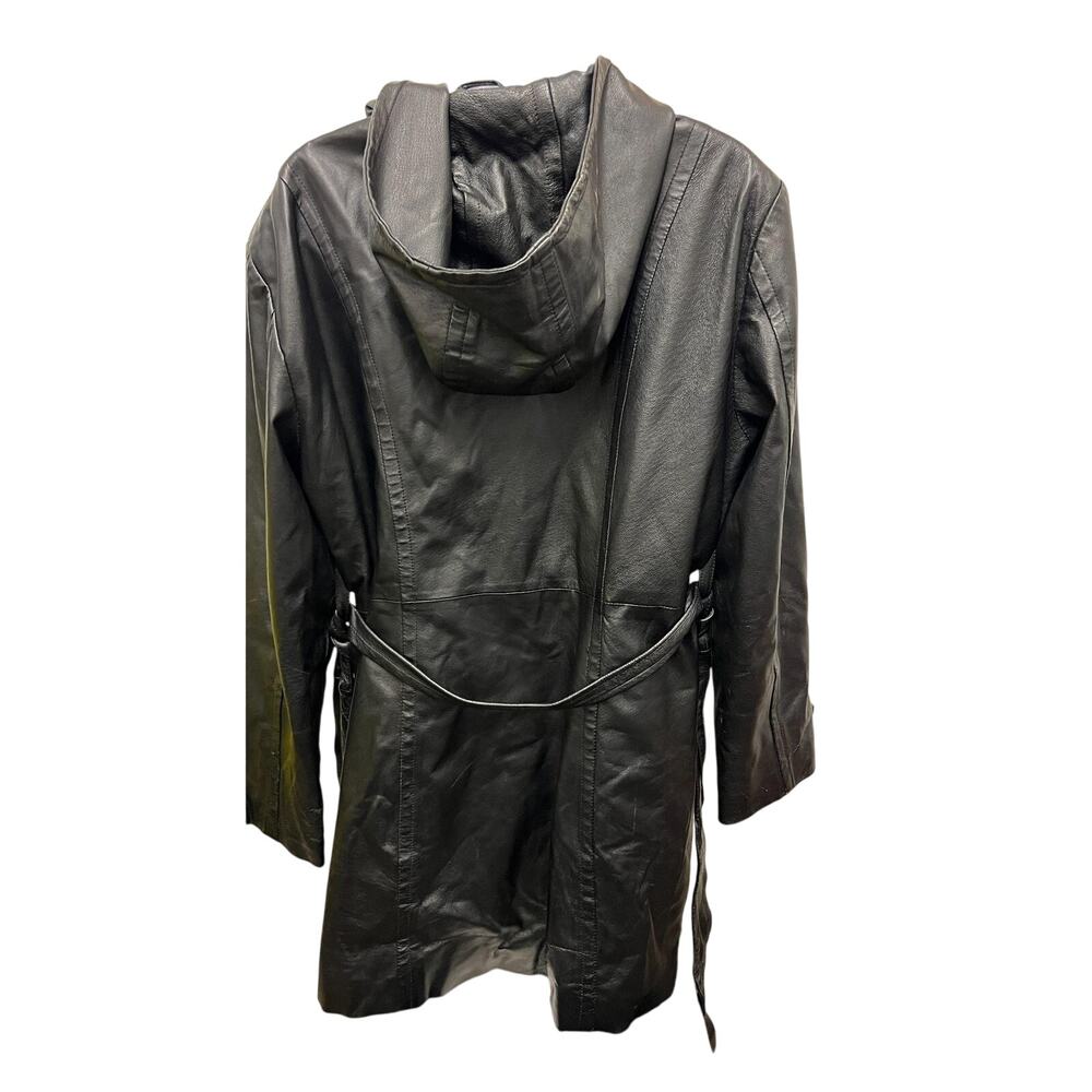 Vintage 90s Giorgio Sant'Angelo Black Hooded Belted Y2K Leather Trench Coat M - Picture 3 of 4
